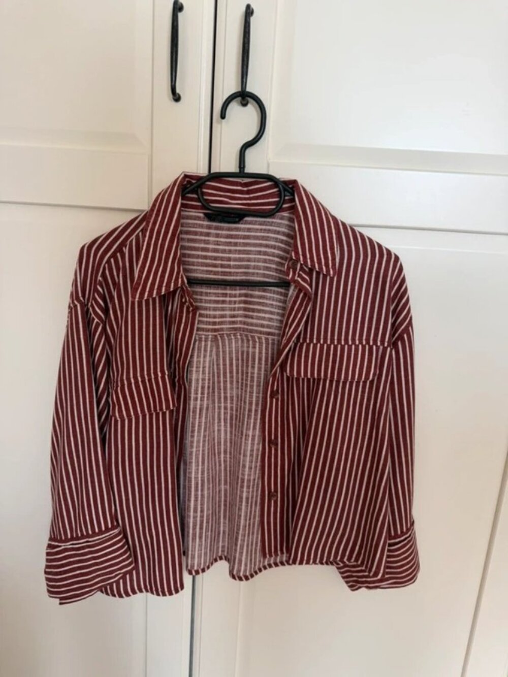 Burgundy & White Striped Cropped Blouse, Women’s, Size S